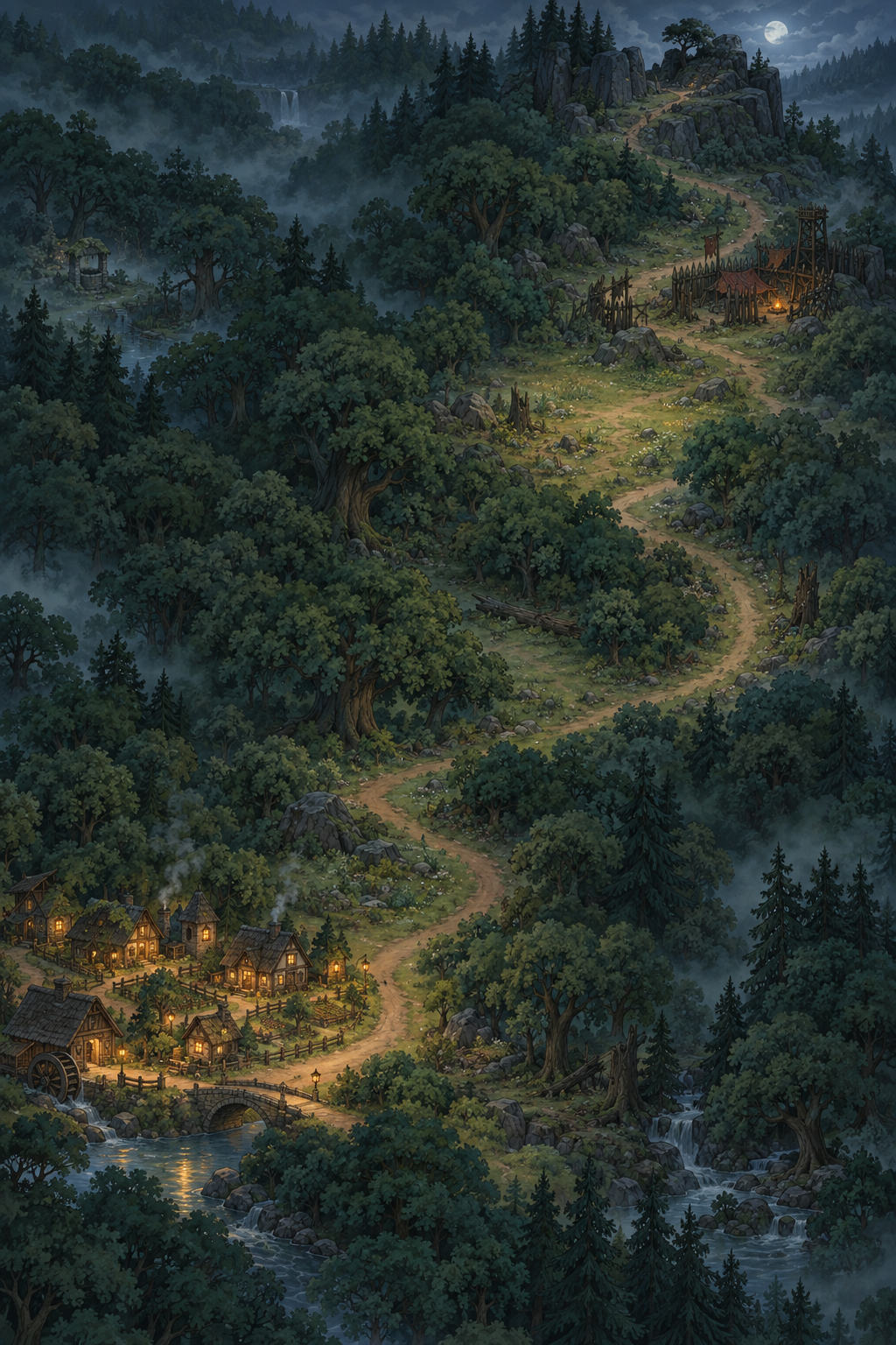 Moonlit forest paths winding between Hearthmere village, a goblin hideout, and the old well.