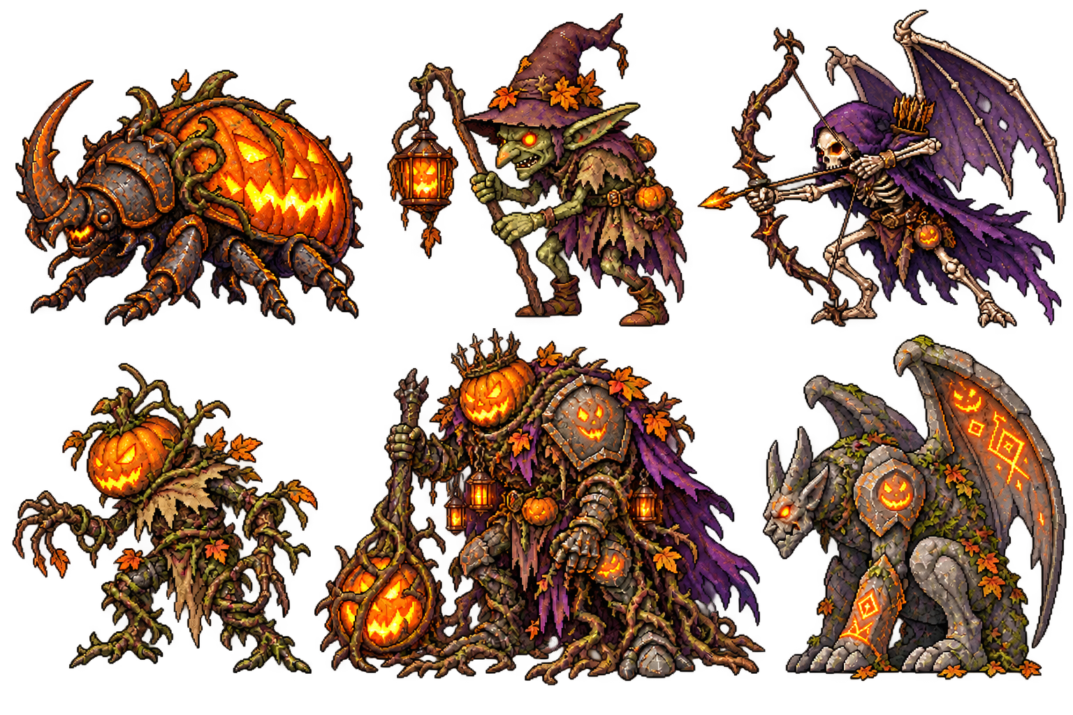 Halloween dungeon enemies with pumpkin armor, a skeletal archer and a haunted guardian