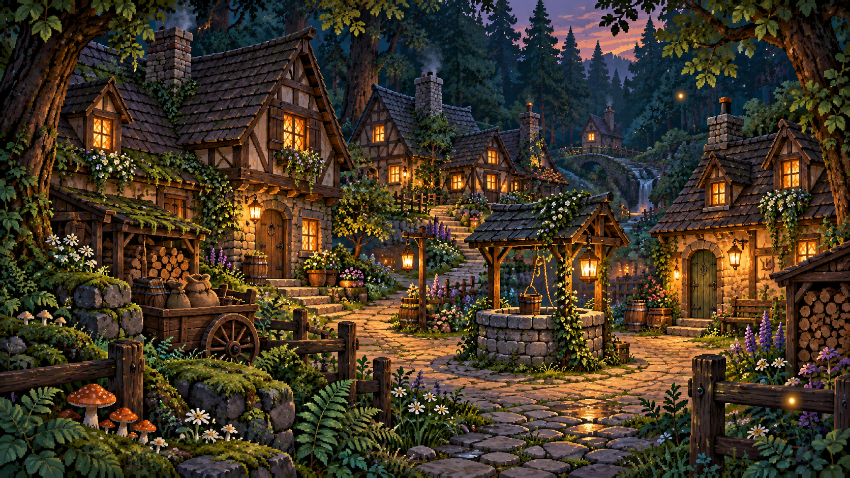 Warm lanterns illuminate Hearthmere's stone village beneath the forest canopy.